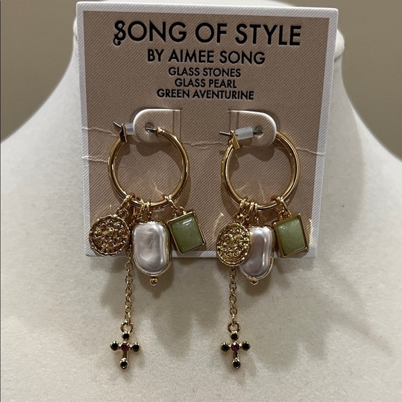 Song of Style Jewelry - Song of Style Gold and Cream Earrings with Green Accents